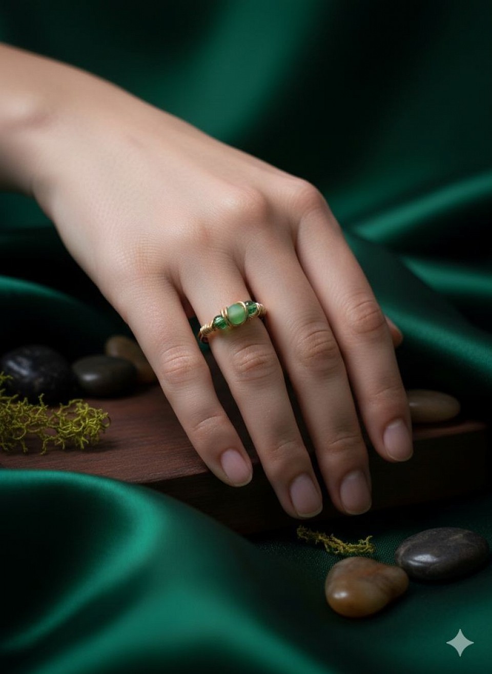 טבעות עדינות עם קריסטלים ואבני חן ירוק פיסטוק